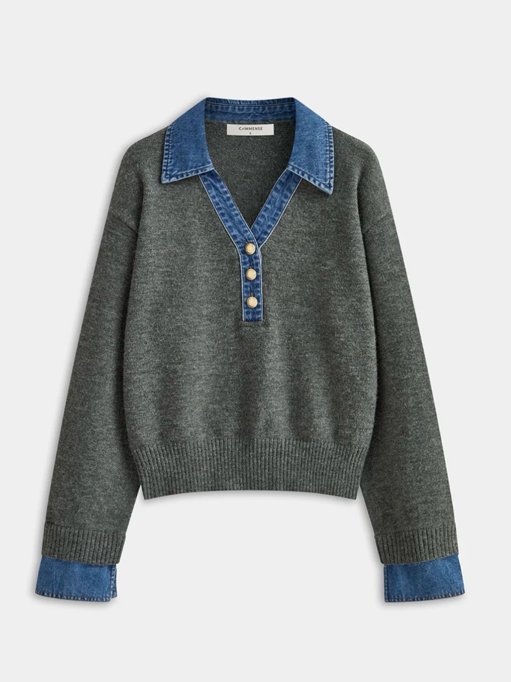 Commense Gray V-Neck Sweater with Denim Trim over size